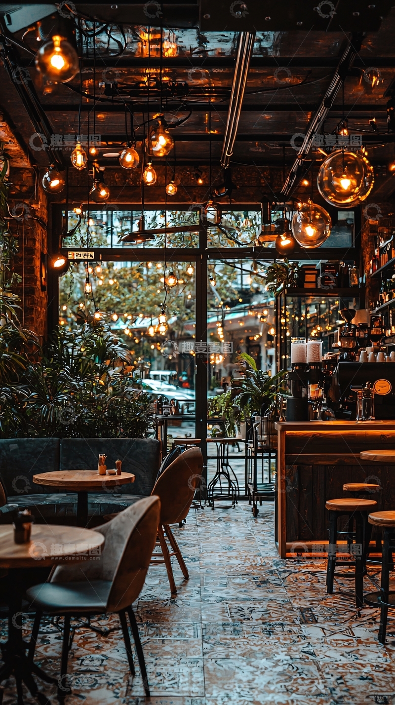 高清大图下载【趣麦麦图】温暖灯光下的舒适咖啡馆
