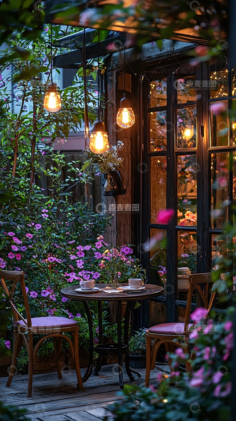 高清大图下载【趣麦麦图】浪漫花园咖啡厅夜景