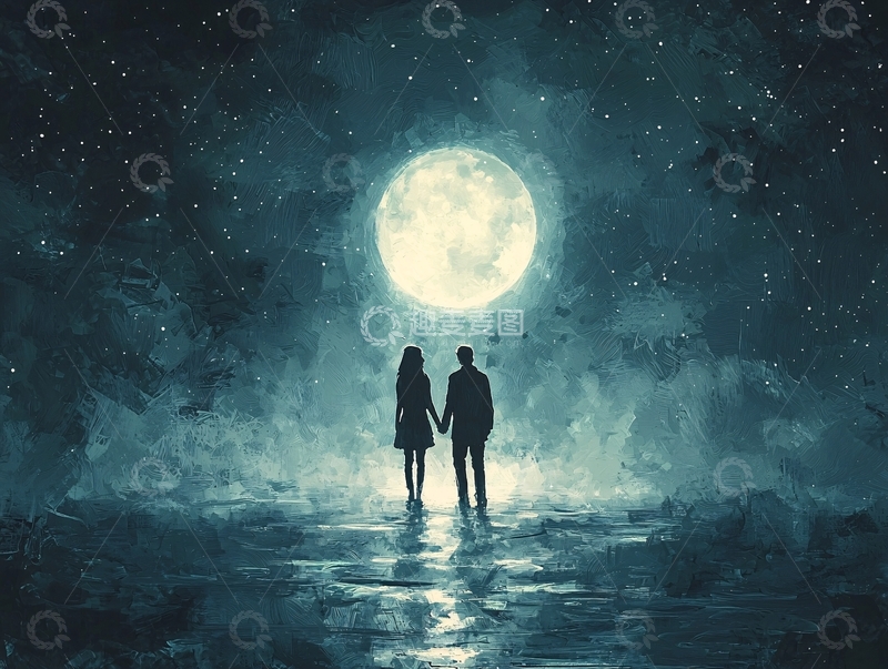 高清大图下载【趣麦麦图】情侣月下相拥看星星