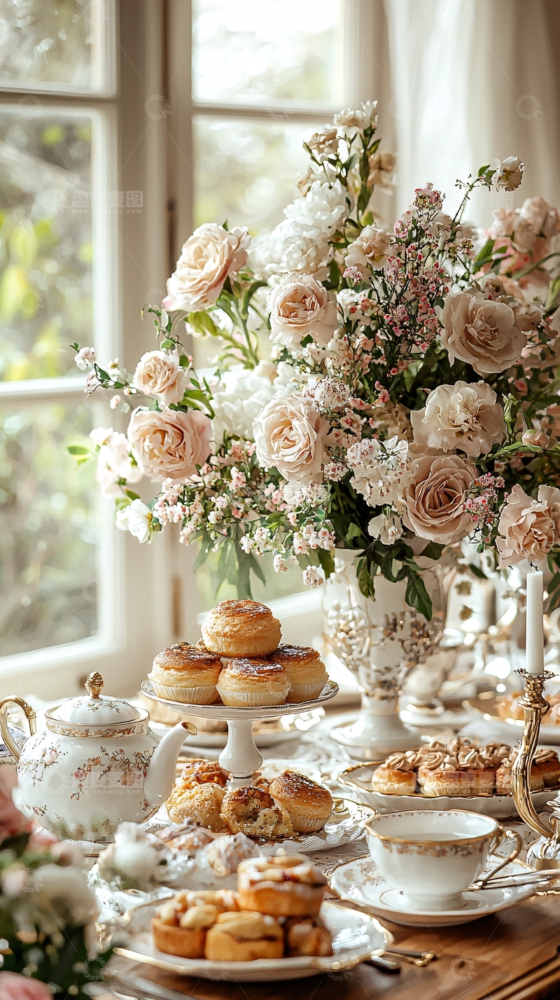 高清大图下载【趣麦麦图】精致餐桌上的花与茶点