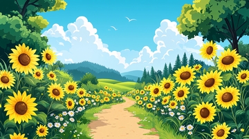 向日葵田野的卡通风景画