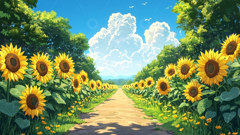 高清大图下载【趣麦麦图】向日葵田野间的道路