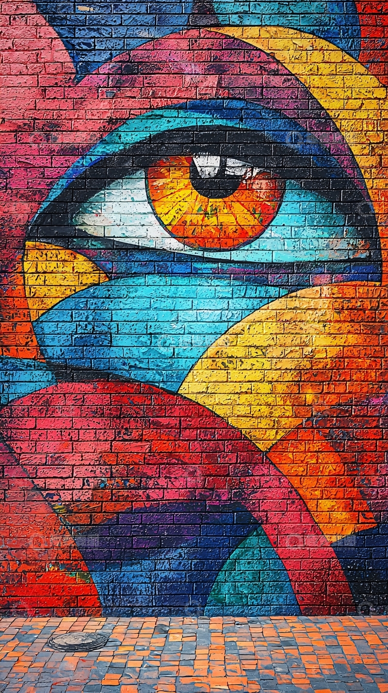 高清大图下载【趣麦麦图】砖墙上的彩色眼睛壁画