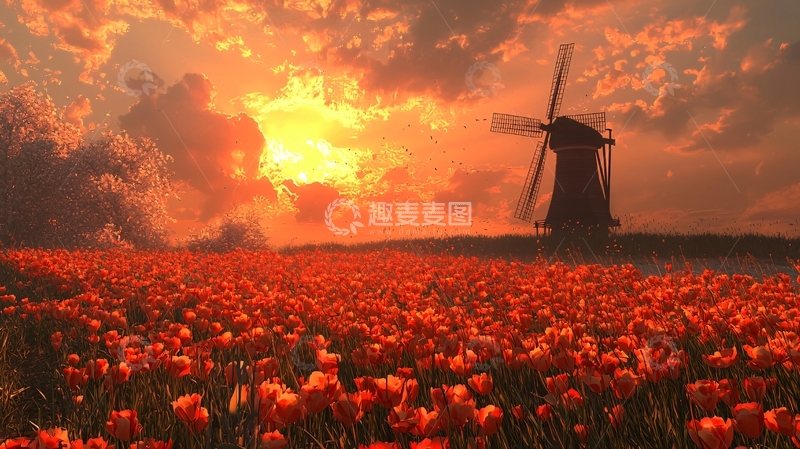 高清大图下载【趣麦麦图】夕阳下风车与红色花田