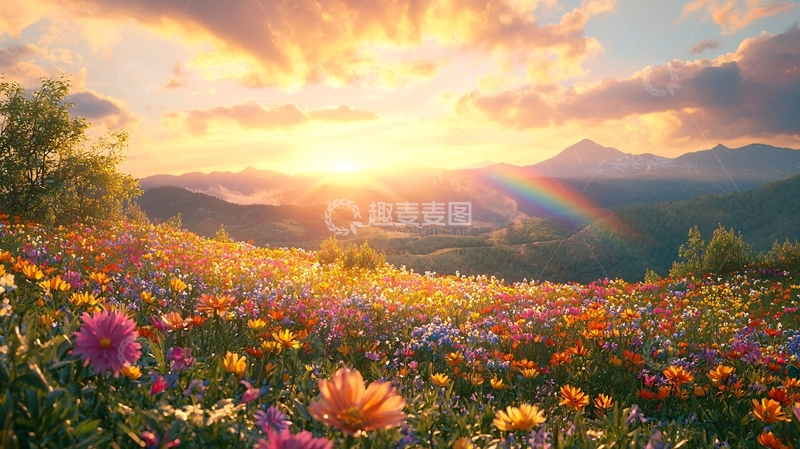 高清大图下载【趣麦麦图】鲜花盛开的日落彩虹山景