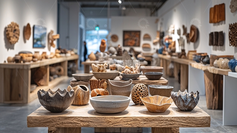 高清大图下载【趣麦麦图】艺术画廊陈列的手工艺品