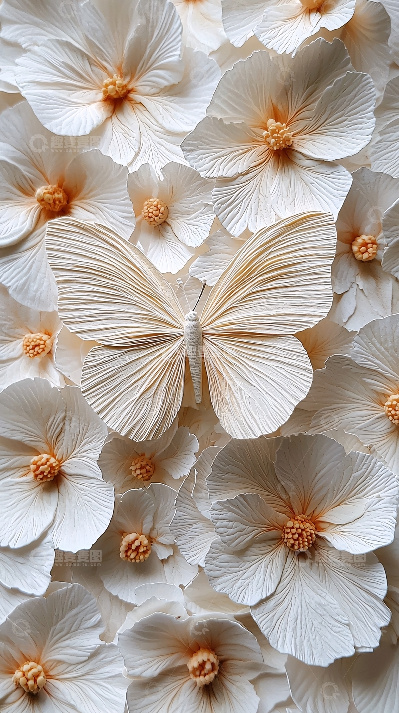 高清大图下载【趣麦麦图】奶油色花朵与蝴蝶