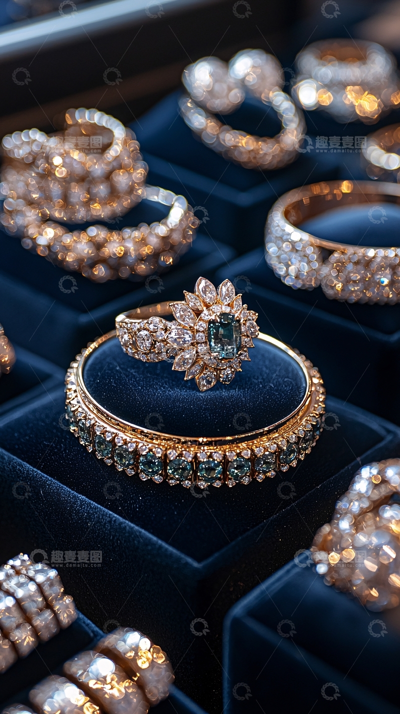 高清大图下载【趣麦麦图】奢华钻戒在深蓝色绒布上