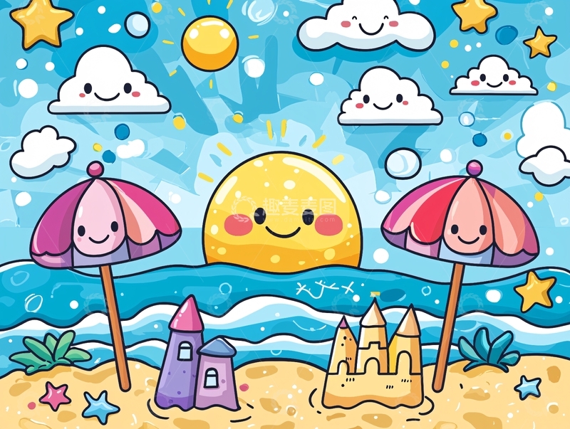 高清大图下载【趣麦麦图】卡通海滩可爱风格