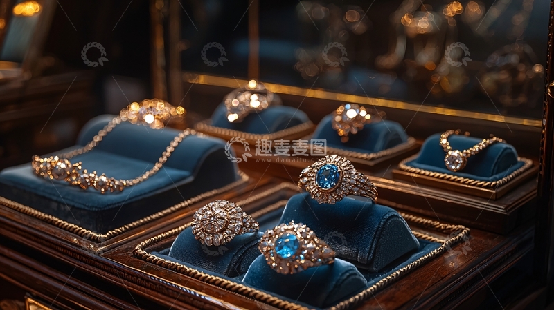 高清大图下载【趣麦麦图】高档珠宝陈列在蓝色展台上