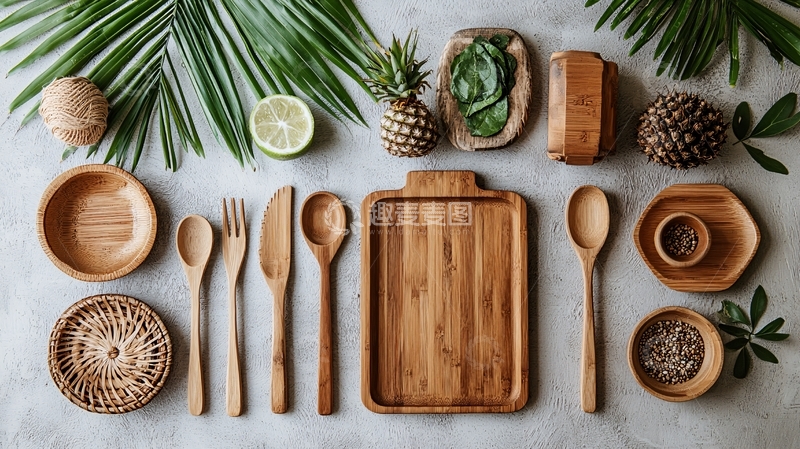 高清大图下载【趣麦麦图】天然材质餐具与热带植物