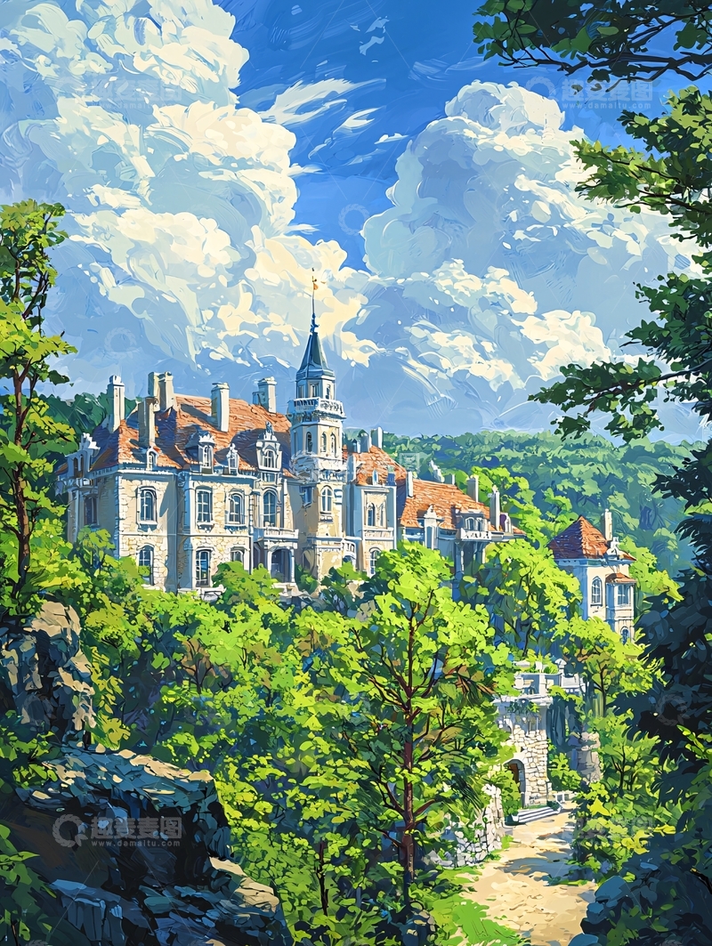 高清大图下载【趣麦麦图】绿色山坡上的城堡