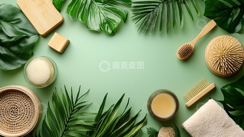 高清大图下载【趣麦麦图】绿色背景上的护肤品和植物