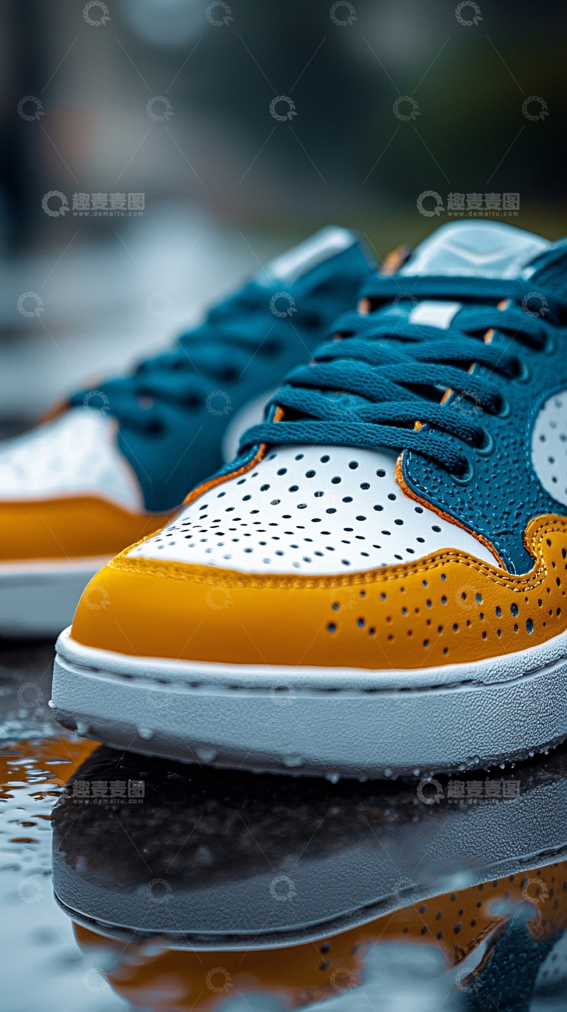 高清大图下载【趣麦麦图】蓝色黄色运动鞋的特写