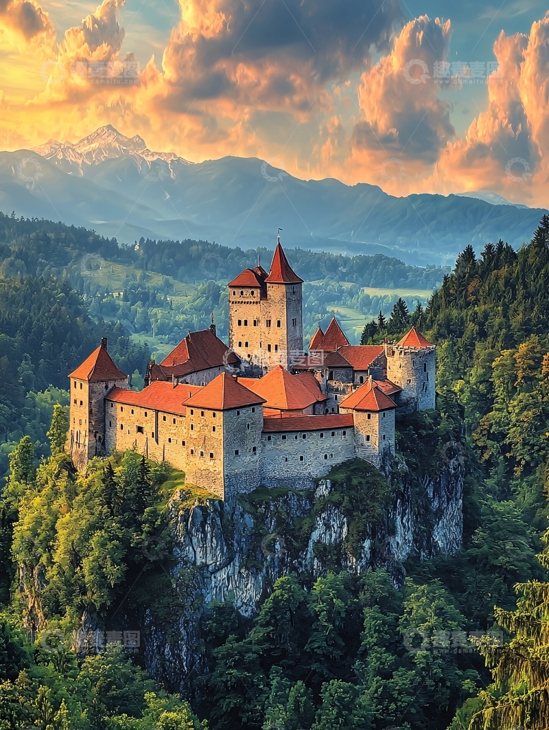 高清大图下载【趣麦麦图】山顶上的城堡在夕阳下