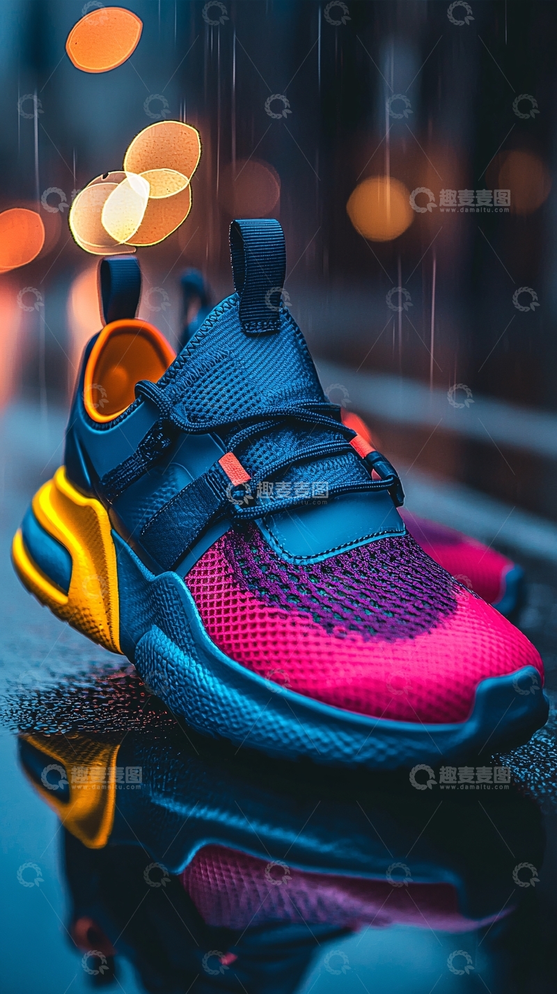 高清大图下载【趣麦麦图】彩色跑鞋特写雨中倒影
