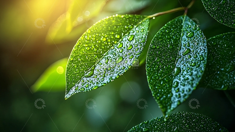 高清大图下载【趣麦麦图】绿叶上晶莹剔透的水珠