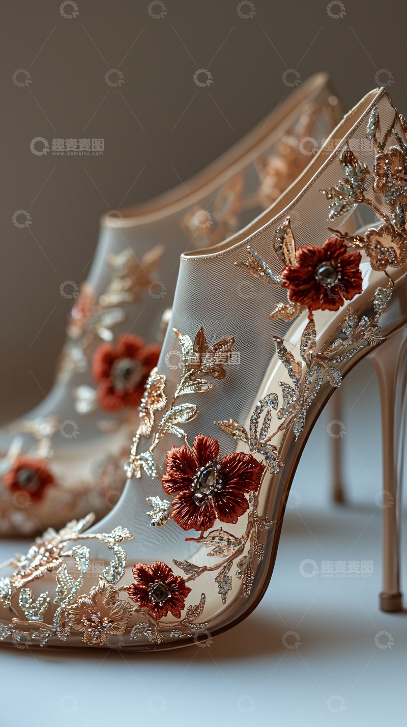 高清大图下载【趣麦麦图】精致蕾丝花朵高跟鞋