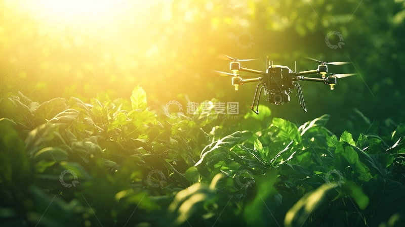 高清大图下载【趣麦麦图】阳光下田野里飞行的无人机