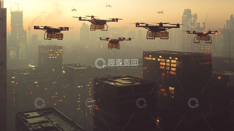 高清大图下载【趣麦麦图】城市上空无人机群