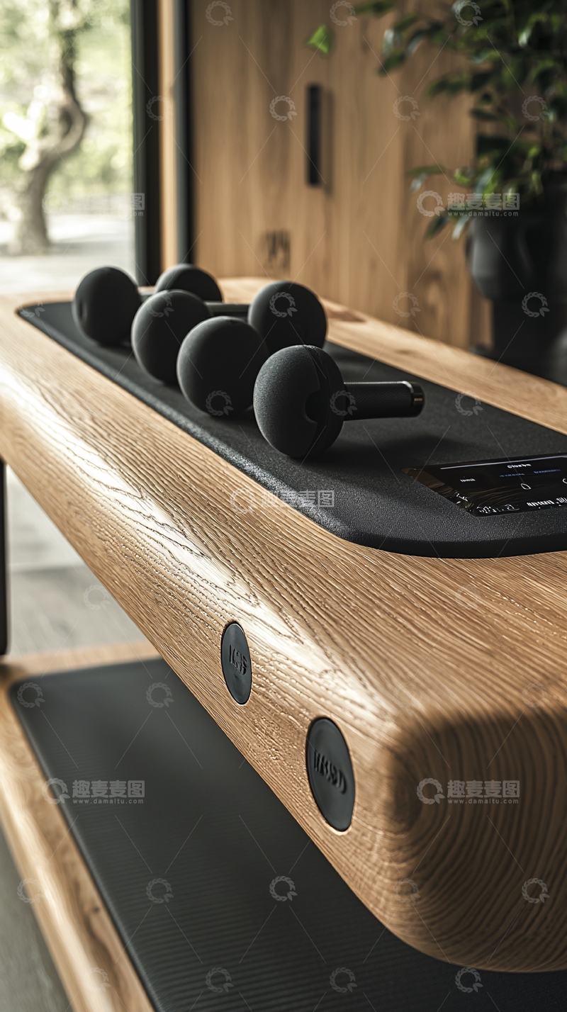 高清大图下载【趣麦麦图】哑光哑铃在木质健身架上