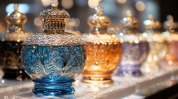 精致的彩色香水瓶排列