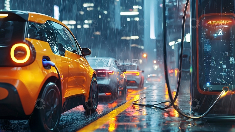 高清大图下载【趣麦麦图】夜晚雨中充电的电动汽车