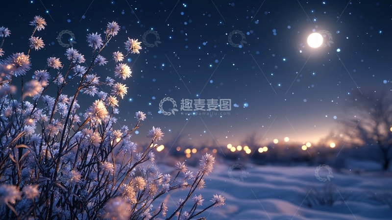 高清大图下载【趣麦麦图】冬夜星空下的雪地植物