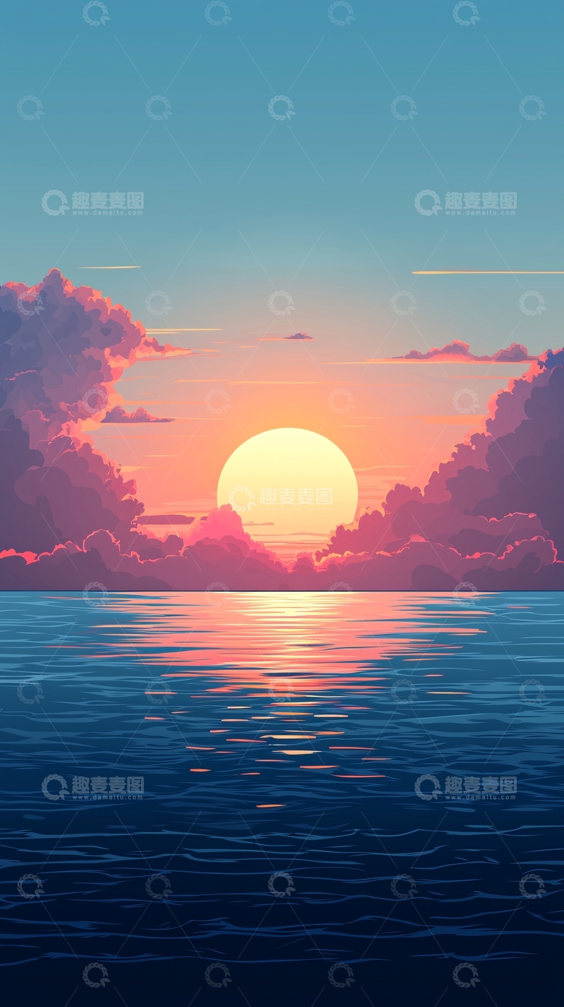高清大图下载【趣麦麦图】唯美海面日落云彩