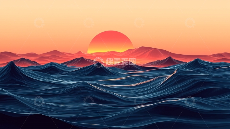高清大图下载【趣麦麦图】波涛汹涌的海面日出