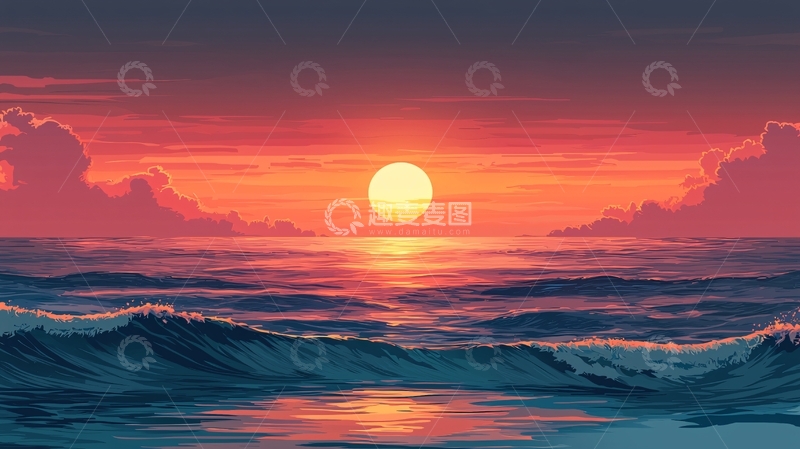 高清大图下载【趣麦麦图】海上日落唯美插画