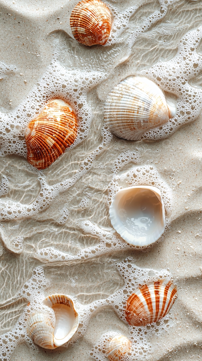 高清大图下载【趣麦麦图】海滩贝壳与白色泡沫