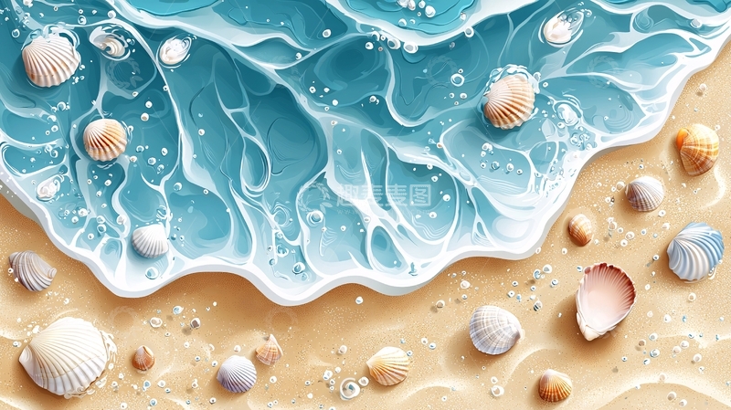 高清大图下载【趣麦麦图】海浪沙滩贝壳的清新画面