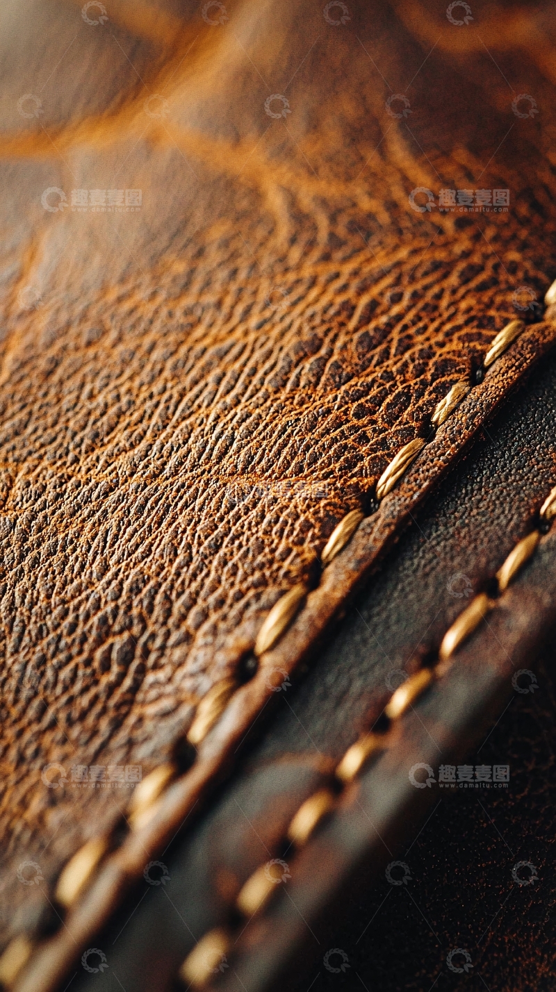 高清大图下载【趣麦麦图】复古棕色皮革缝线特写