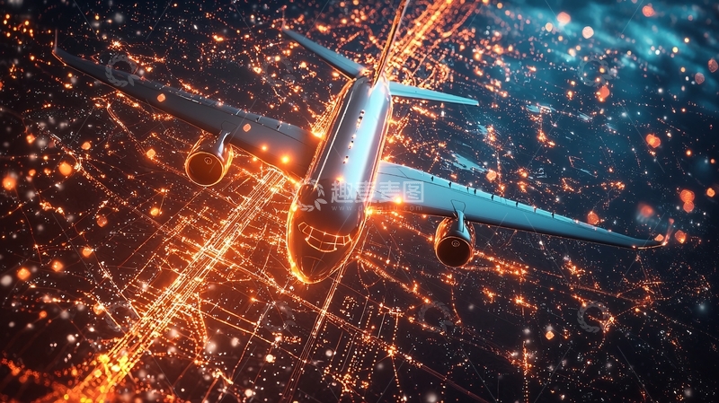 高清大图下载【趣麦麦图】夜空中飞行的飞机俯瞰城市