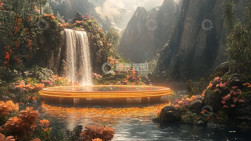 高清大图下载【趣麦麦图】美丽瀑布下的金色池塘