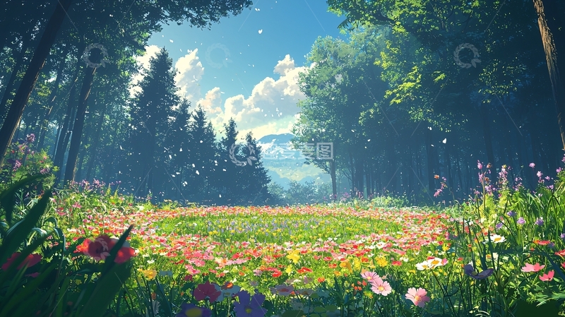 高清大图下载【趣麦麦图】鲜花盛开的森林空地