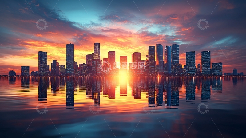 高清大图下载【趣麦麦图】城市天际线日落倒影