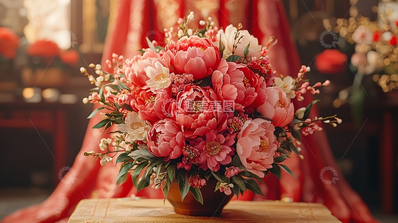 高清大图下载【趣麦麦图】红色背景前粉色鲜花