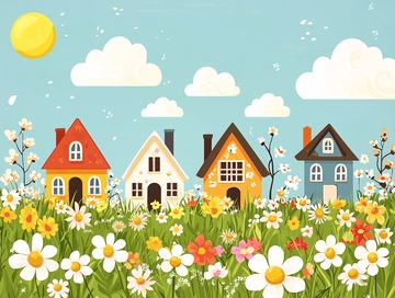 彩色卡通房屋与花朵草地