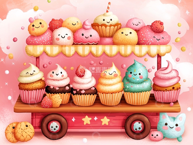 高清大图下载【趣麦麦图】粉色甜点小推车