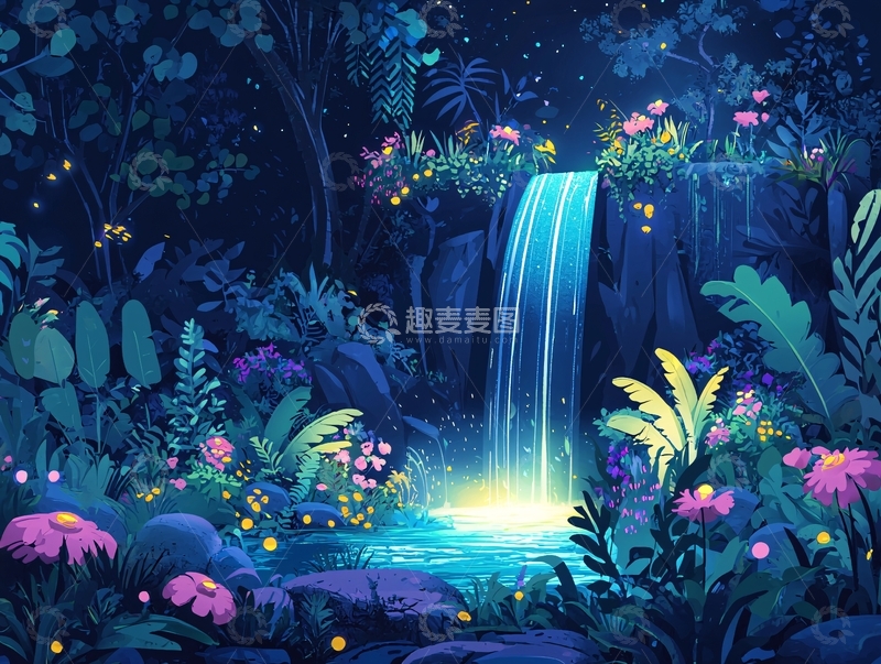 高清大图下载【趣麦麦图】梦幻夜间瀑布森林