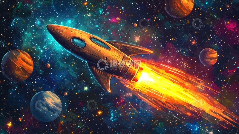 高清大图下载【趣麦麦图】太空火箭在星空中飞行