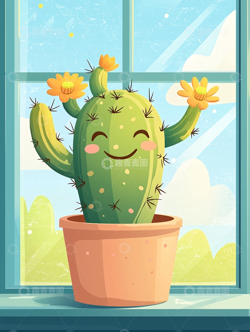 高清大图下载【趣麦麦图】可爱卡通仙人掌盆栽