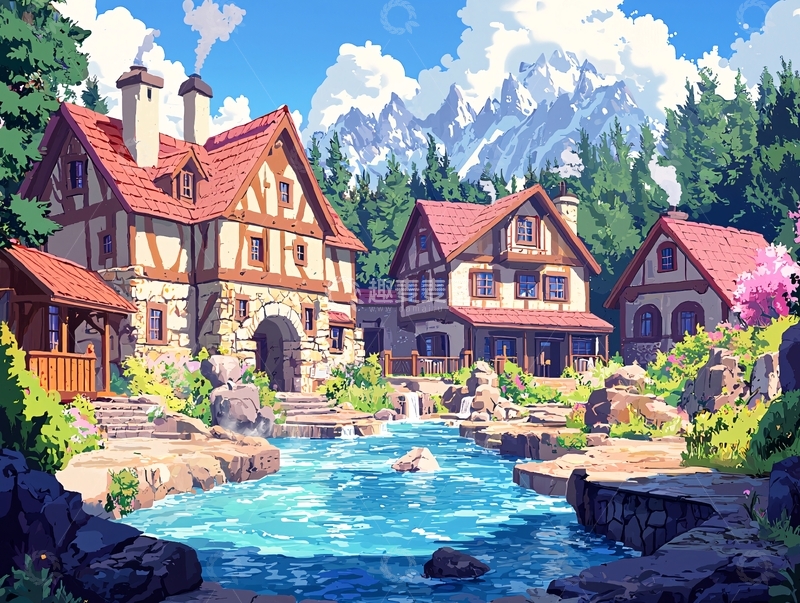 高清大图下载【趣麦麦图】动漫风格的乡村风景