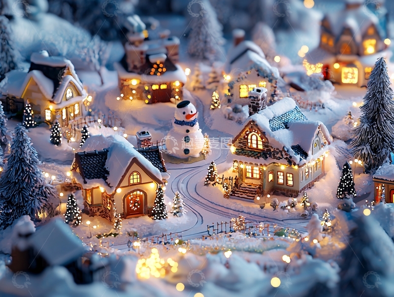 高清大图下载【趣麦麦图】冬日雪景中的微型村庄