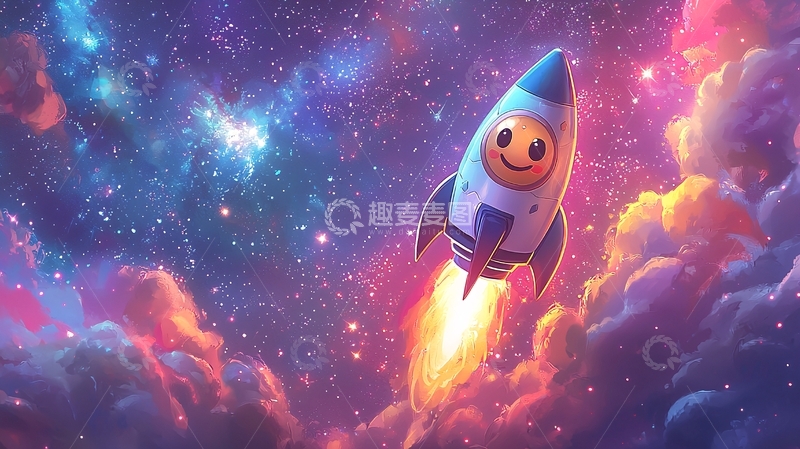 高清大图下载【趣麦麦图】卡通火箭穿梭在彩色星云中