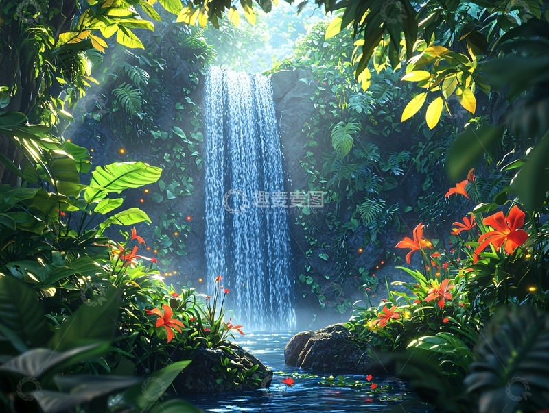 高清大图下载【趣麦麦图】热带雨林中的瀑布美景