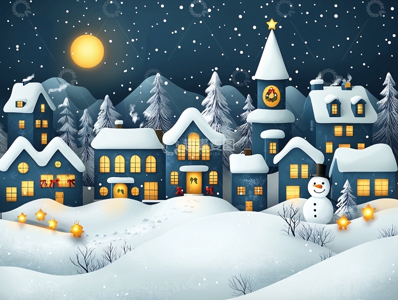 高清大图下载【趣麦麦图】冬季雪夜中的村庄
