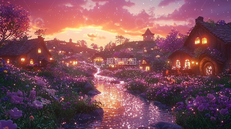 高清大图下载【趣麦麦图】童话村庄晚霞美景